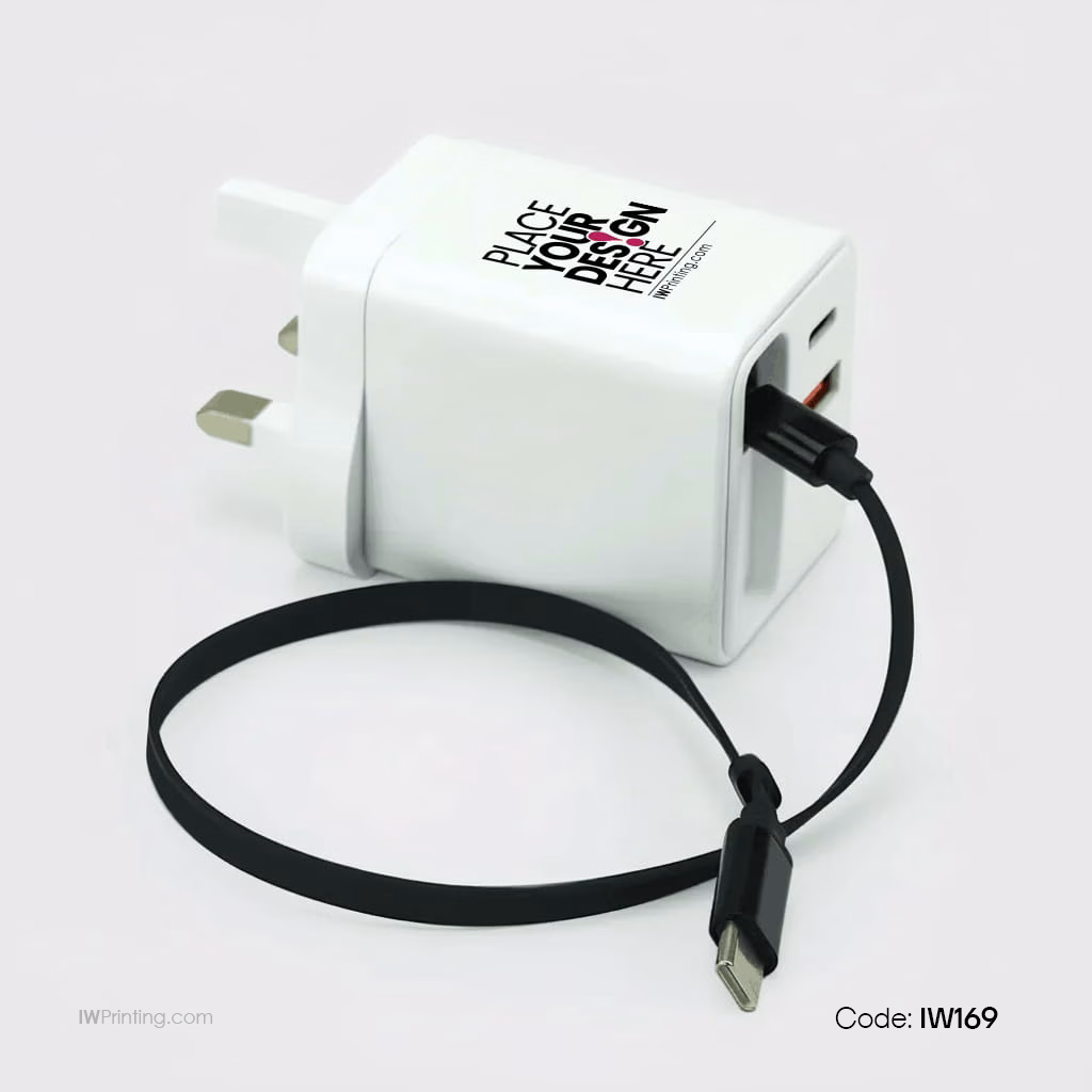 Fast charger adaptor with retractable cable printing in Dubai