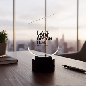 Crystal Trophy Round Black Base in Premium Fiber Box, Gold Lock Closure - IW_Printing