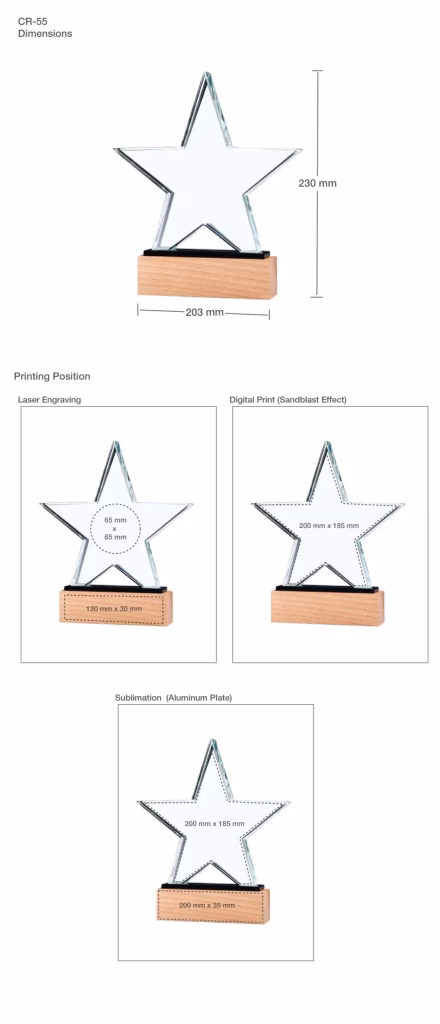 Star Shape Crystal Awards with Wooden Base - Online Trophy Printing in Dubai