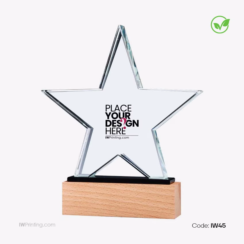 Star Shape Crystal Awards with Wooden Base - Online Trophy Printing in Dubai